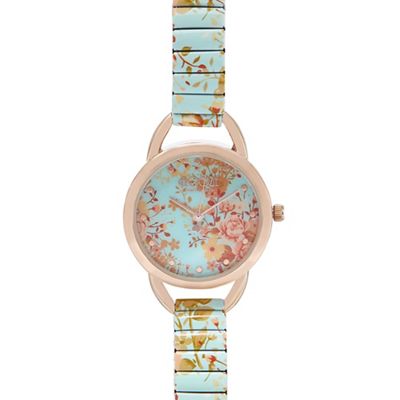 Designer ladies green floral link strap watch